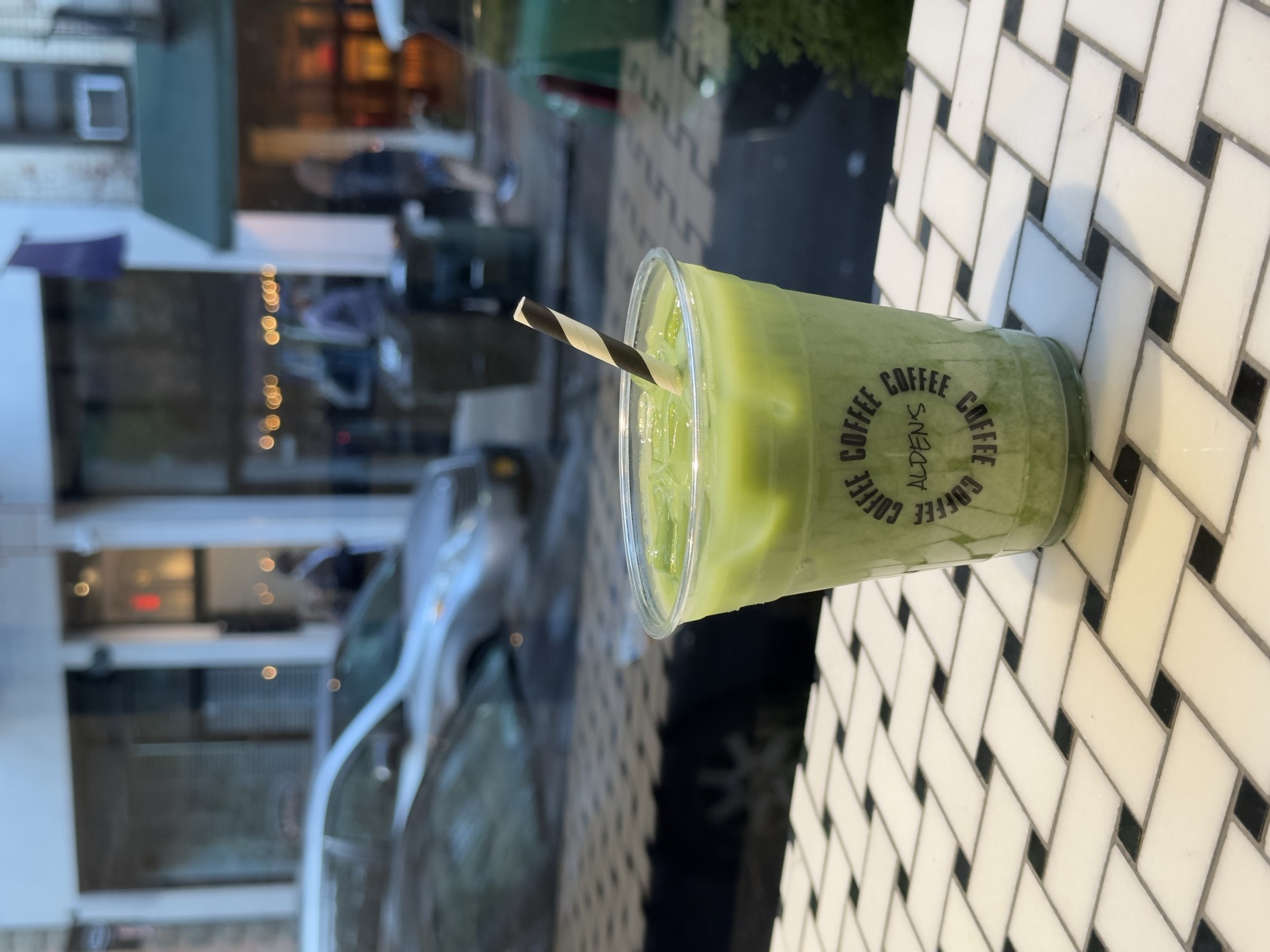 Alden's Matcha Latte on the counter