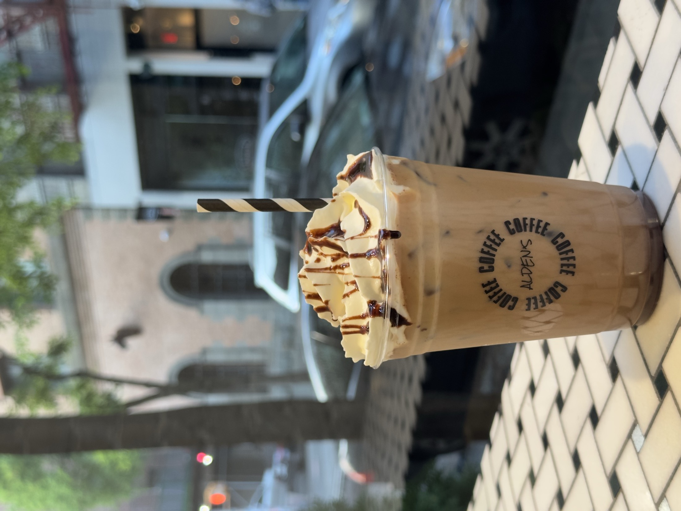 Alden's Nutella Latte on the counter